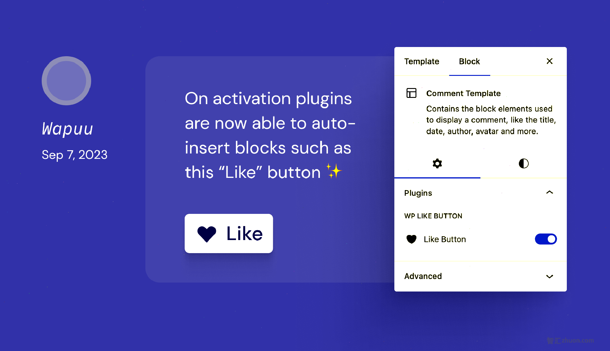 Comment Template block sidebar inspector controls. It has a "Plugins" section with a "WP Like Button" toggle.