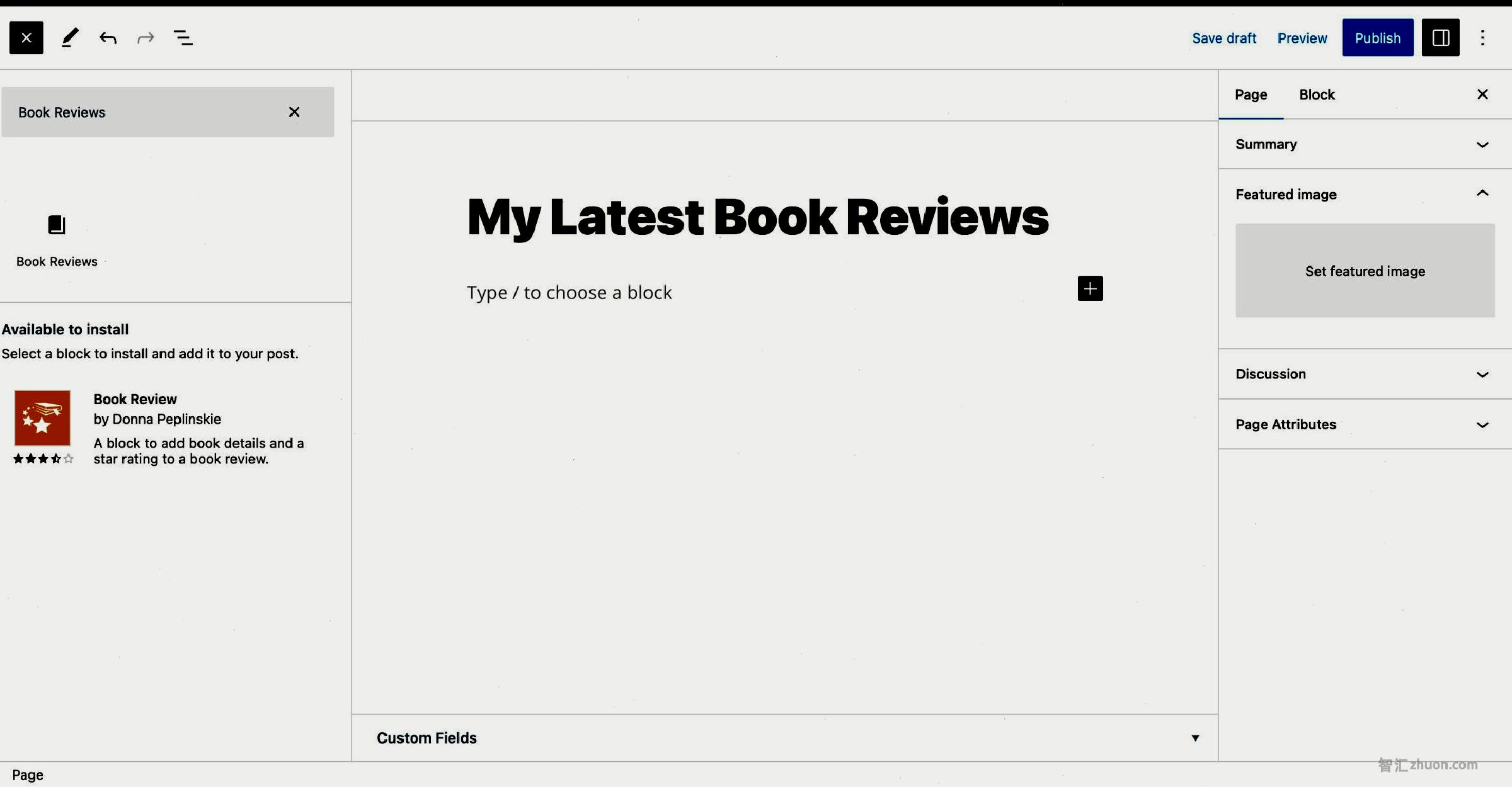 WordPress post editor with the block inserter open.  It is displaying the Book Reviews block variation.