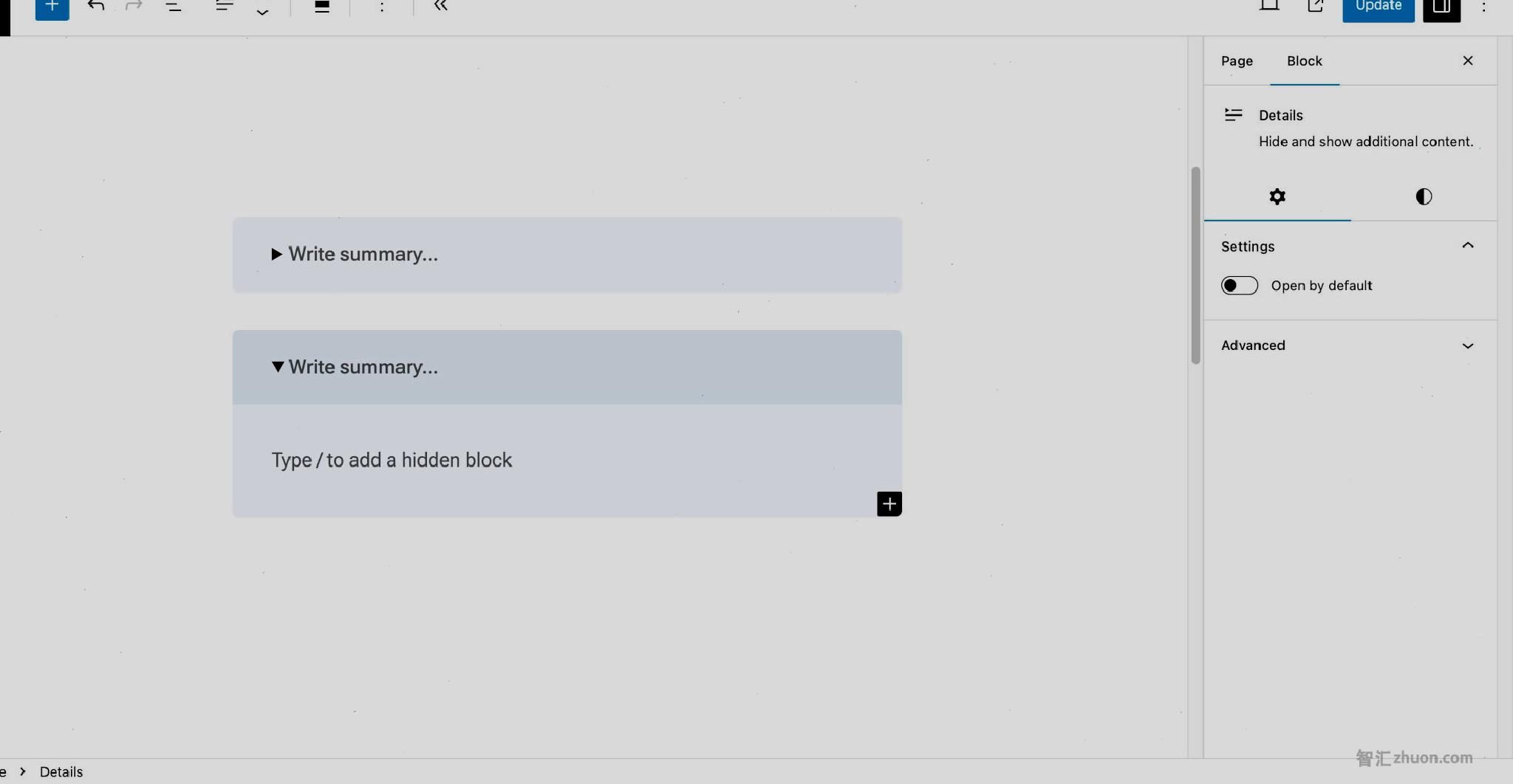 WordPress post editor with both a closed and open Details block with placeholders. The summary has a light gray background, and the overall block has a lighter gray.