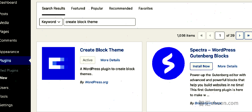 Screenshot showing the admin Dashboard with the active Create Block Theme plugin 