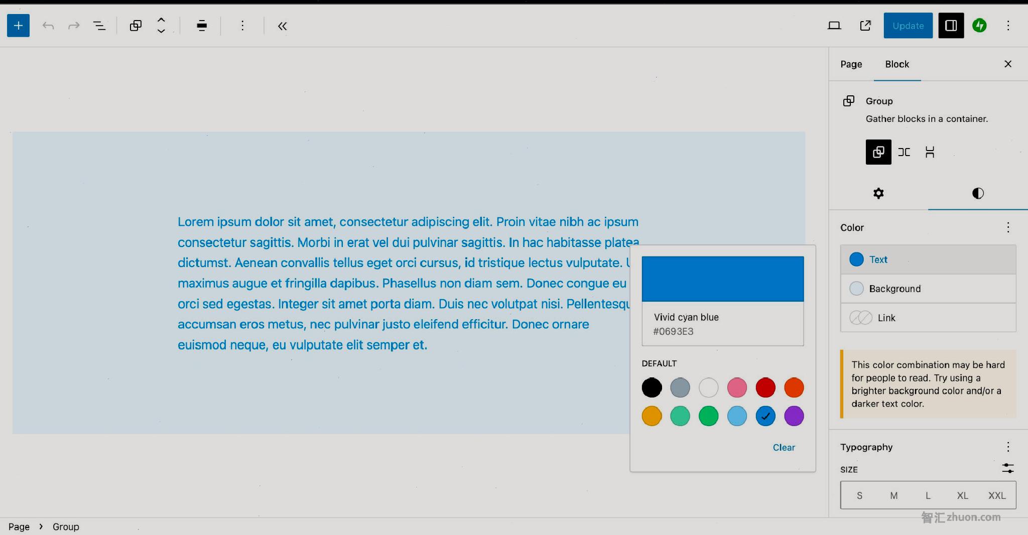 WordPress post editor with a Group block wrapping a Paragraph. The Text color option is highlighted in the right sidebar.