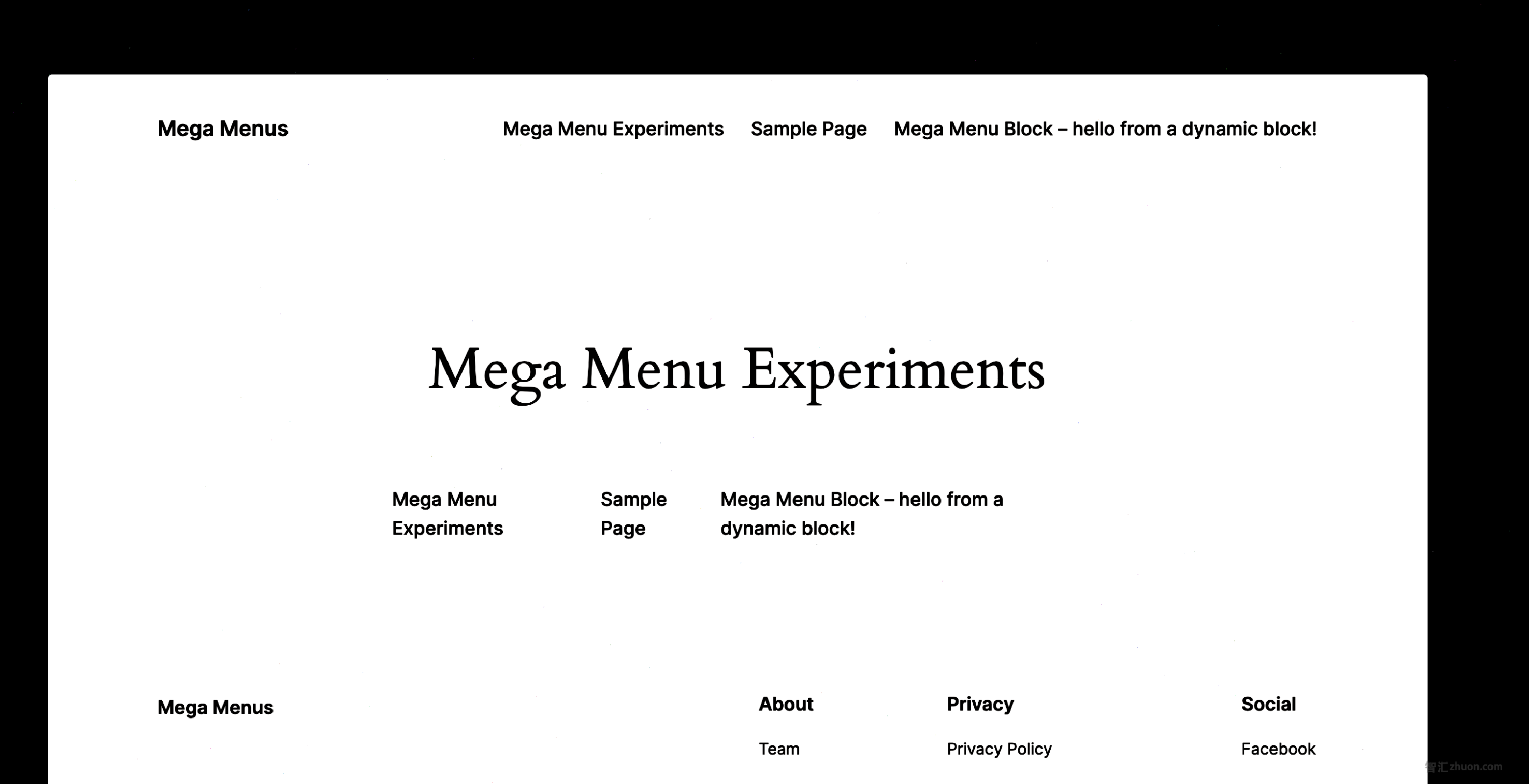 The initial state of the front end with the Menu Menu block displayed in the Navigation block.