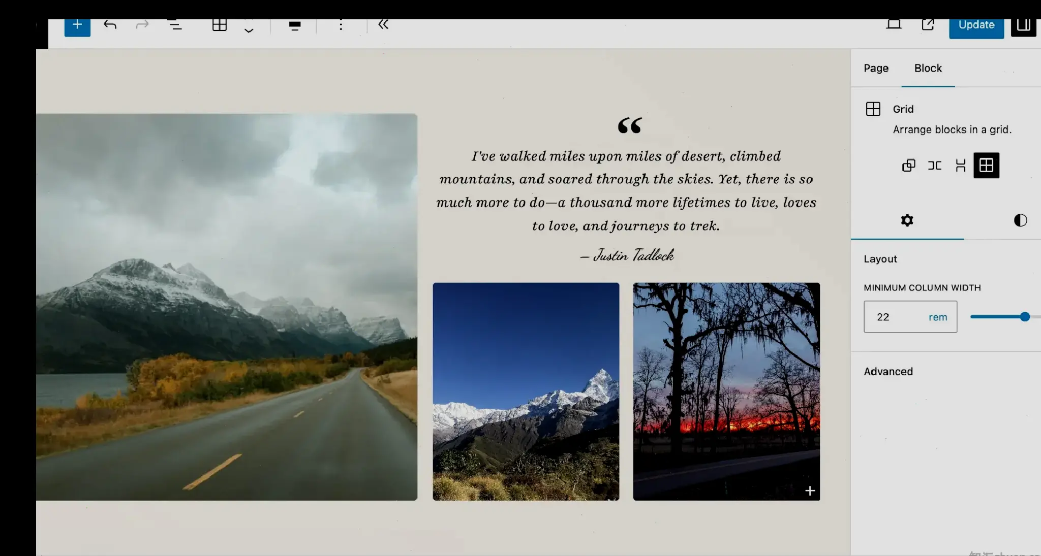 A nested two-column grid. On the left, an image of mountains appear. On the right, there is a quote, followed by a gallery of images of nature.