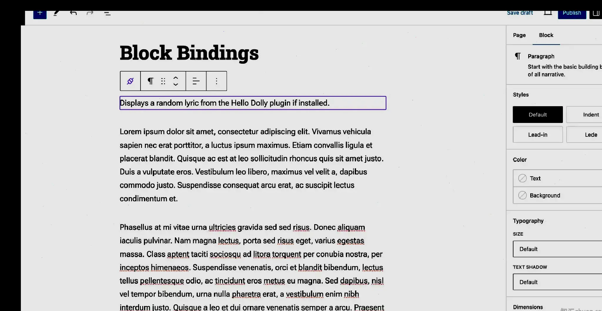 WordPress editor with demo text in the content area. At the top is a Paragraph block with a highlighted purple outline that tells the user it will display a random lyric from the Hello Dolly plugin.