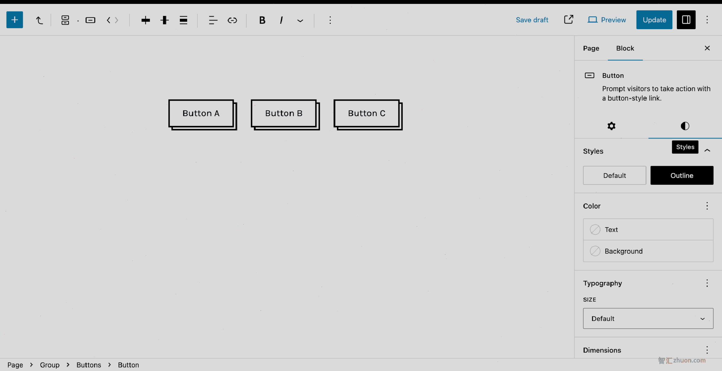 WordPress post editor with three outlined buttons in the content canvas. Each has a solid-border drop-shadow.