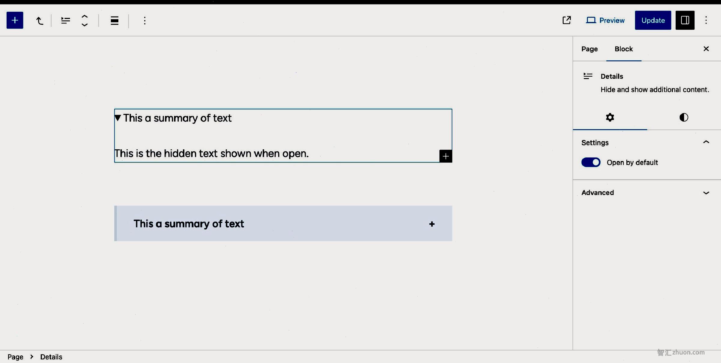 WordPress post editor with a Details block open, showing its hidden text in the summary panel.