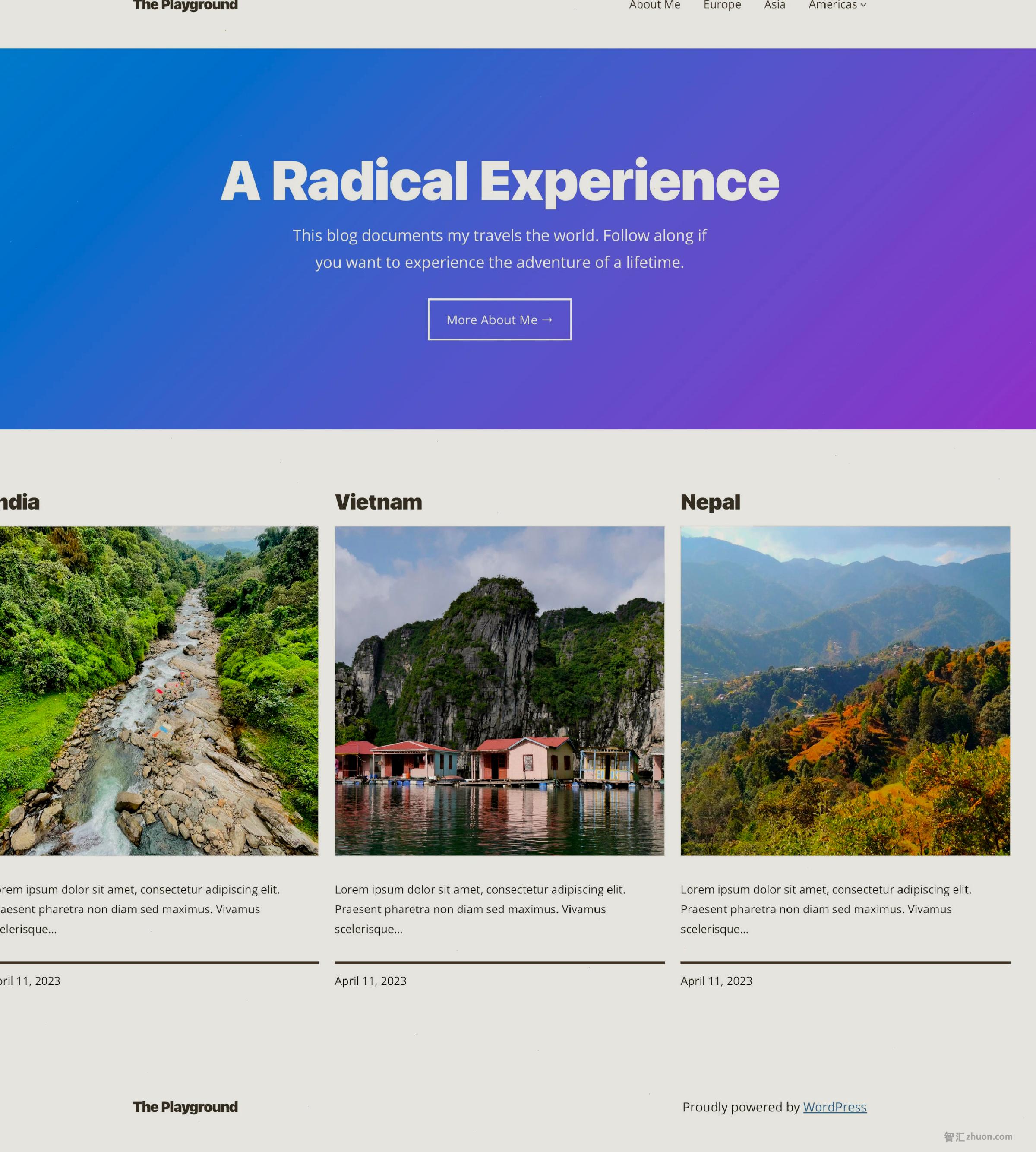 Preview of a website's front page with a blue/purple gradient header section and a three-column grid of posts below.