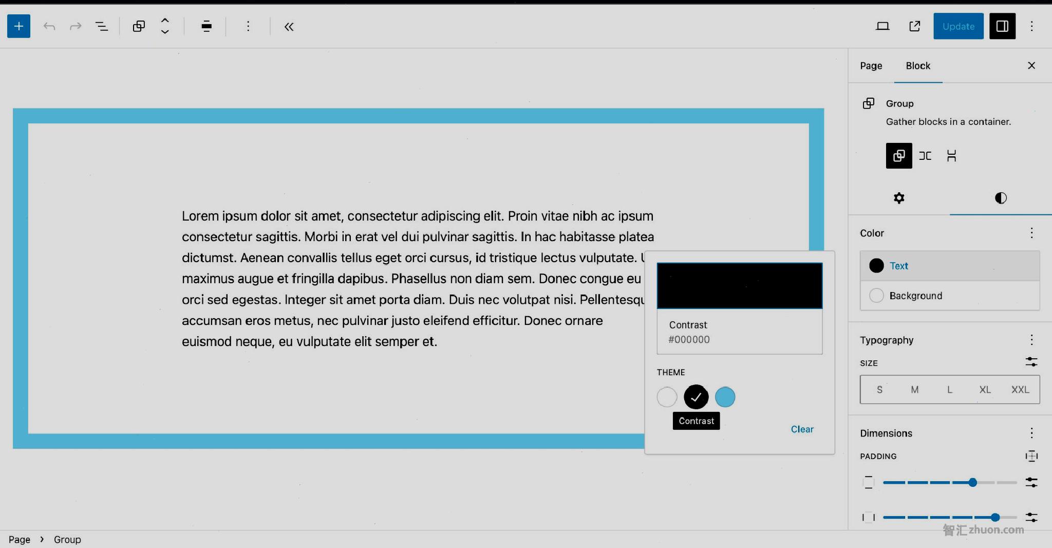 WordPress post editor showing a Group block around a Paragraph. The Group has a thick blue border and black text selected.