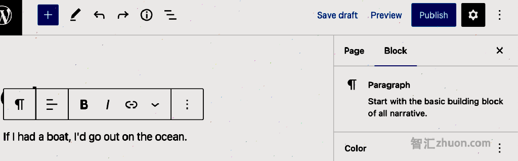 Screenshot of the post editor. The body of the post contains a single Paragraph block that reads "If I had a boat, I'd go out on the ocean." The Paragraph block is focused and above it is the edit toolbar, containing buttons for text alignment options, bold, italic, and link. The Inspector Panel is opened to the Block tab. The top of that tab is displaying information about the Paragraph block, with a description that reads "Start with the basic building block of all narrative."