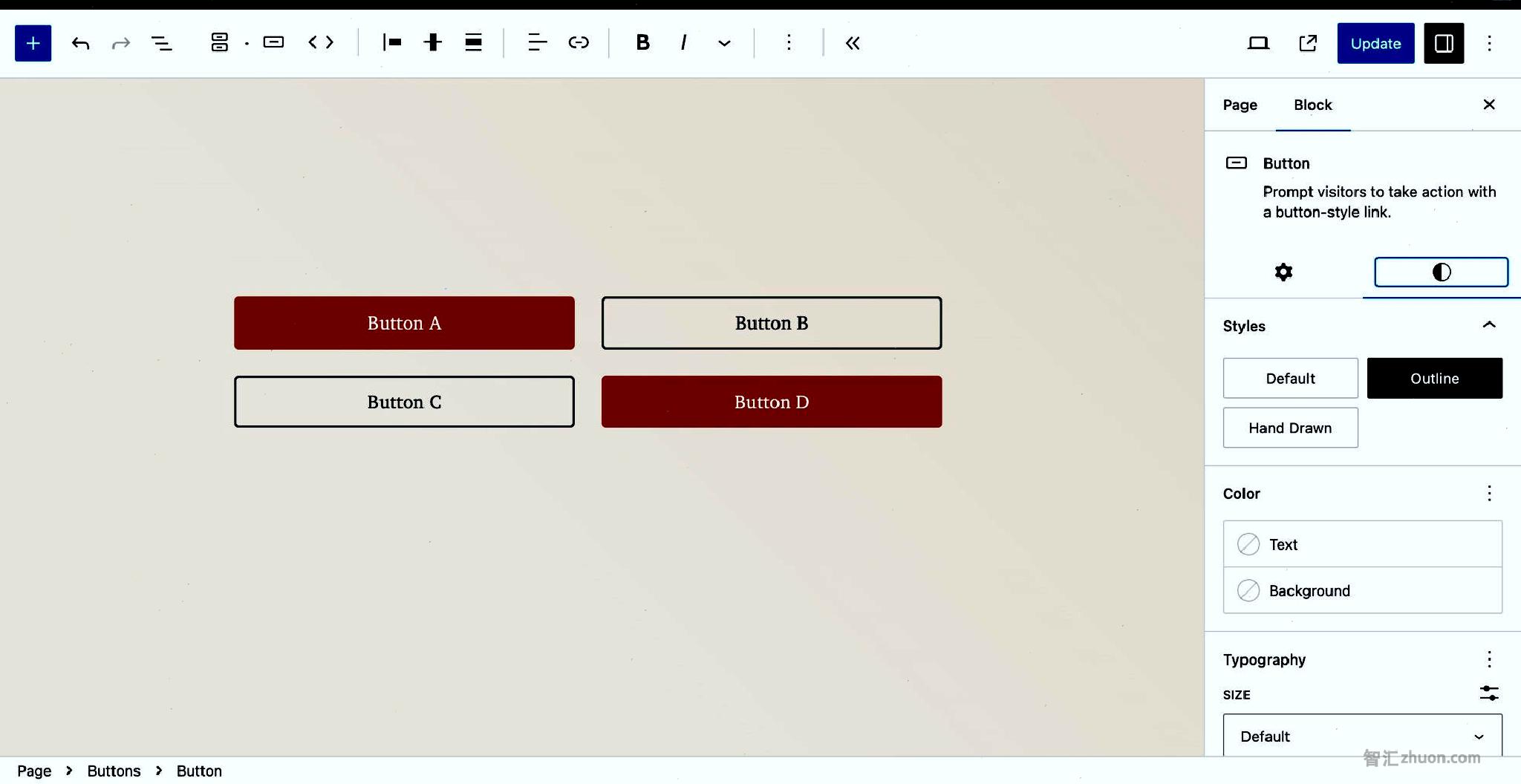 WordPress post editor with four Button blocks in a 2x2 grid. Two of the buttons have a filled background, and the other two are outlined.