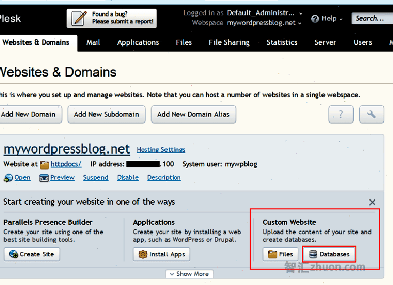 Plesk panel highlighting the Custom Website box with the databases button highlighted