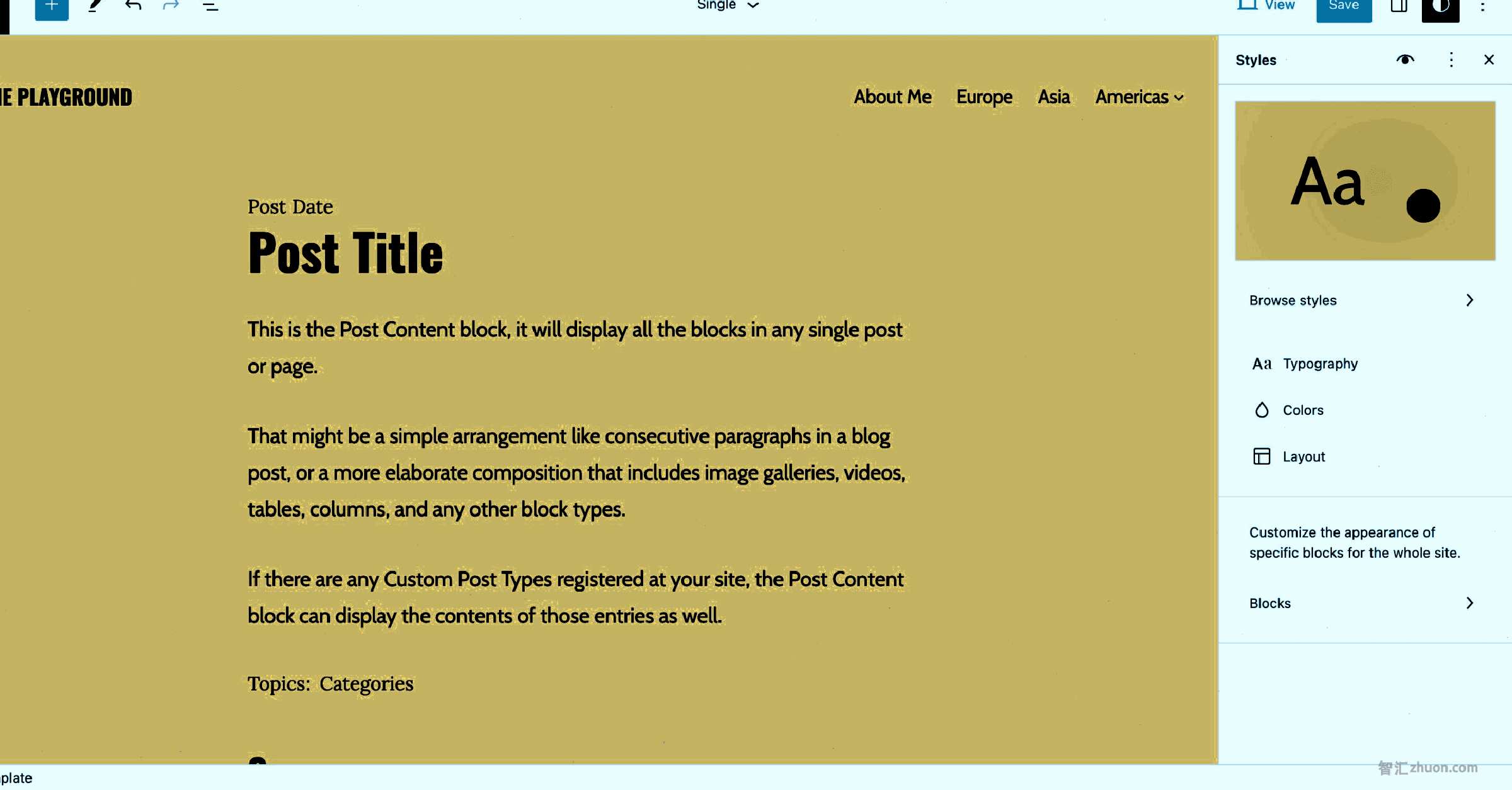 WordPress site editor with a single post template that shows a design with a yellow background and black text.