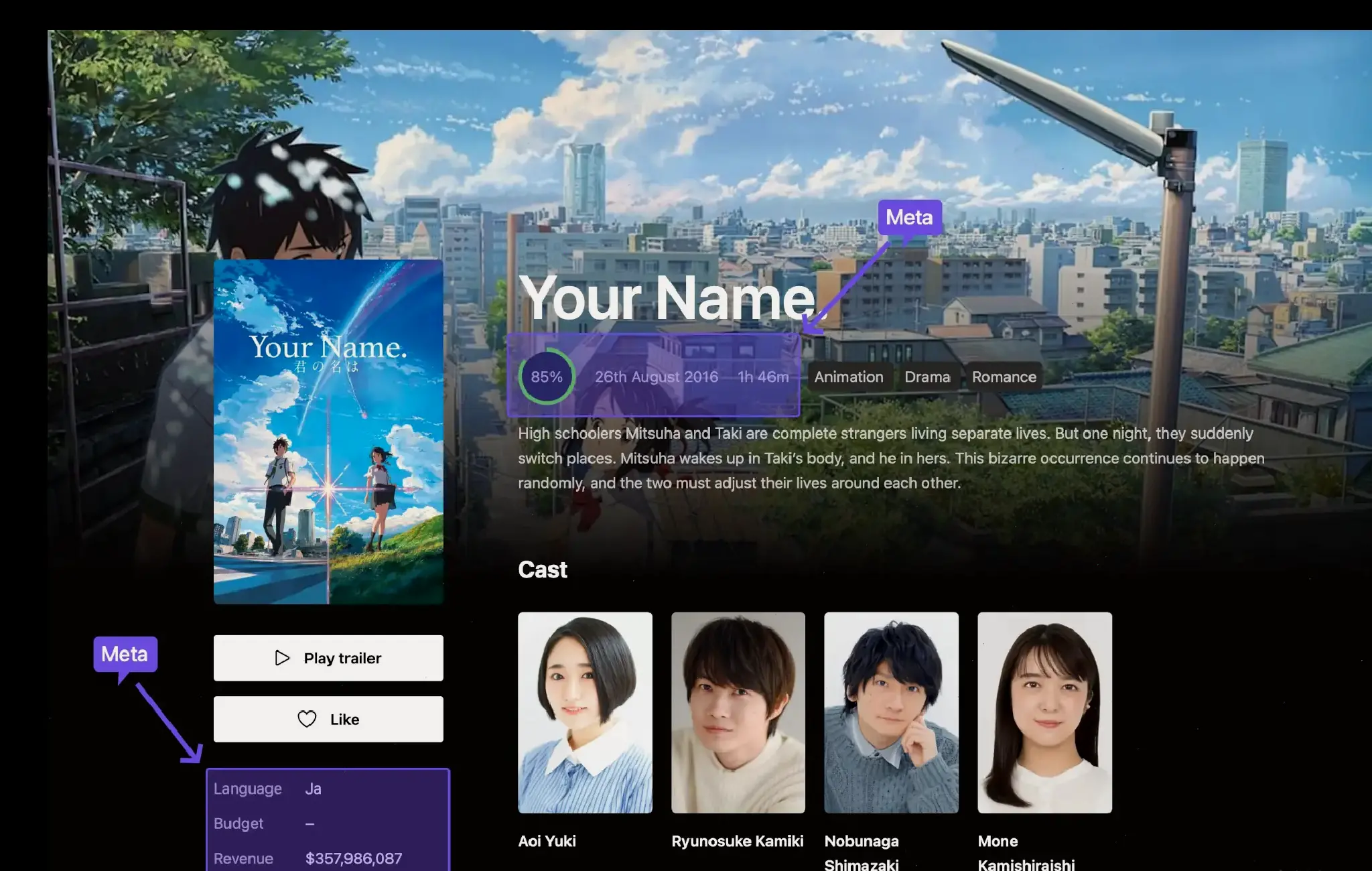 Screenshot of the "Your Name" movie page from the WP Movies demo. It shows text and images about the movie. Two sections of text are highlighted to show areas that could be metadata.