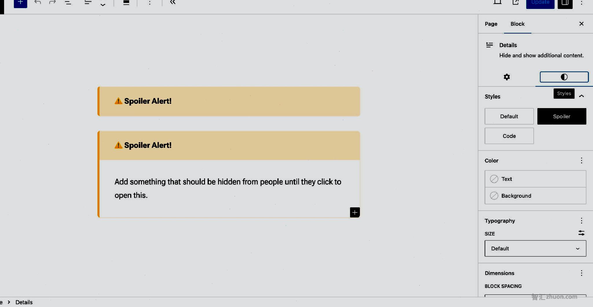 WordPress post editor with both a closed and open Details block. They are designed with an orange color to give an warning/alert. The marker for the blocks is a ⚠️ sign.