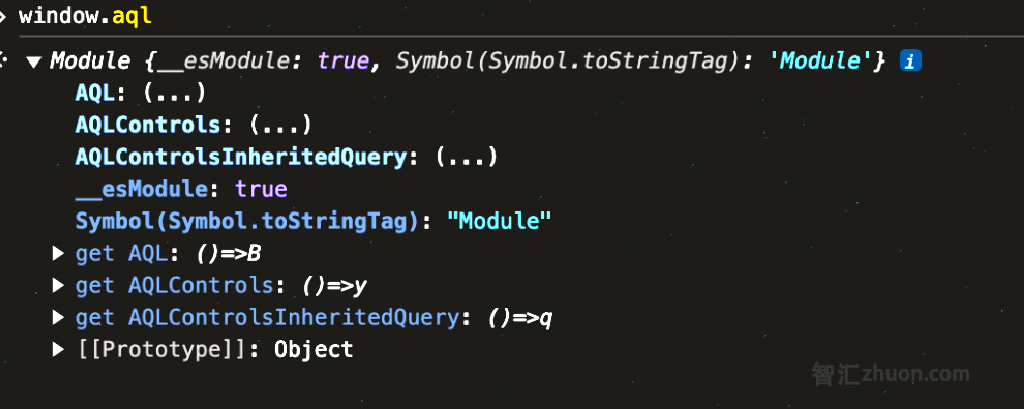 The browser console showing properties of the window.aql object.