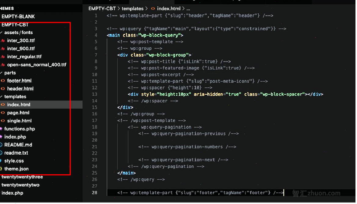 Screenshot showing an EMPTY-CBT file structure and index.html template markup