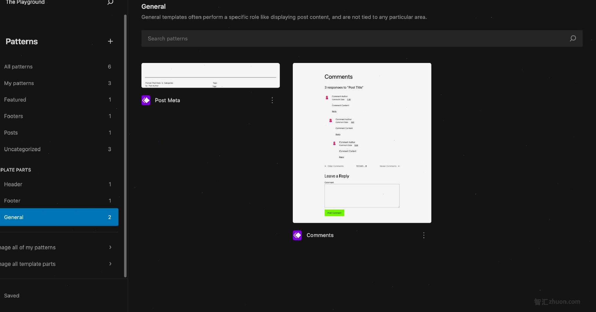 WordPress Template Parts section under the Patterns library in the Site Editor. A Post Meta and Comments part are both shown on the screen.