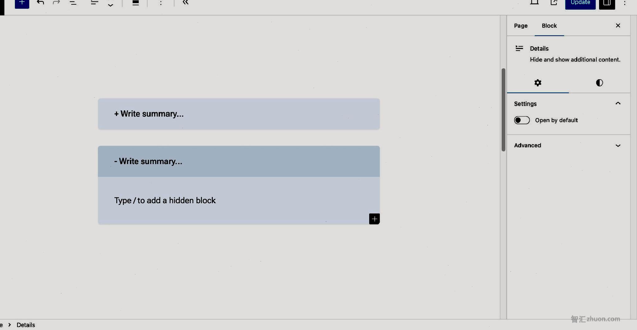 WordPress post editor with both a closed and open gray details block. The closed state has a "+" marker, and the open state has a "-" marker.