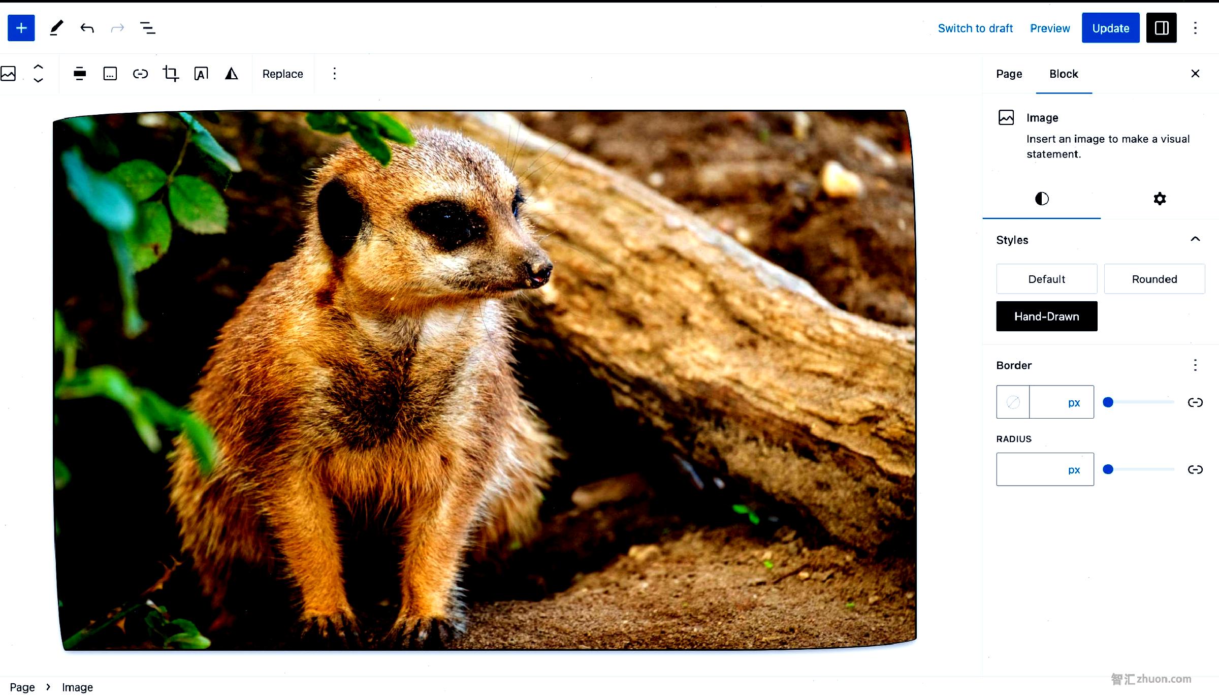 WordPress post editor with an image of an animal in the content canvas.  The border for the image has a hand-drawn shape.