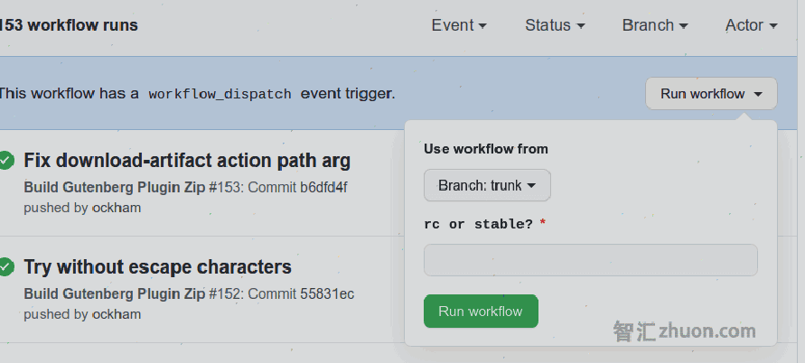 Run workflow dropdown for the plugin release