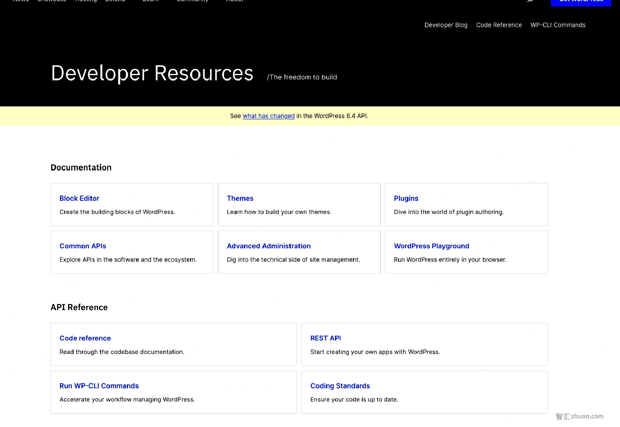 Screenshot of the homepage of the WordPress Developer Resources site. It features a dark header with white text. Below, each handbook is sectioned off into a grid layout with links.