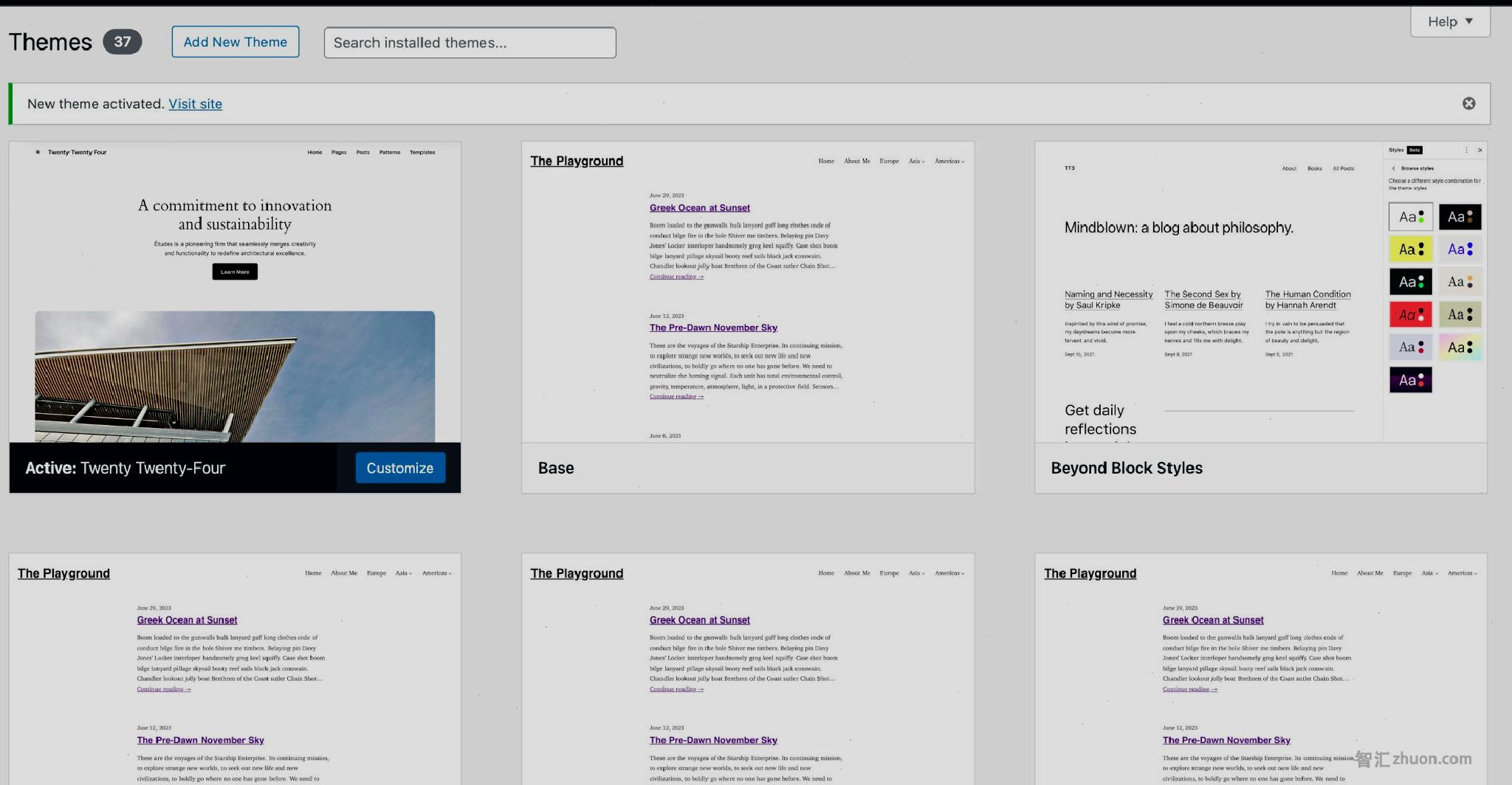 WordPress Appearance > Theme admin screen, showing the Twenty Twenty-Four theme activated.