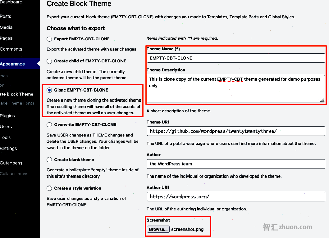 Screenshot showing the cloning an active theme option of the Create Block Theme plugin\\\\\\\\\\\\\\\\\\\\\\\\\\\\\\\\n