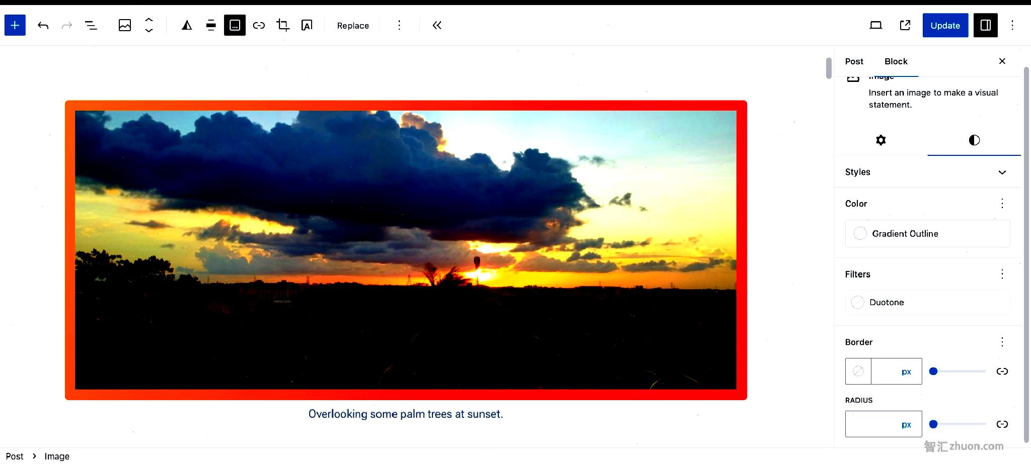 WordPress post editor showing an image of palm trees with an orange-to-red gradient border.