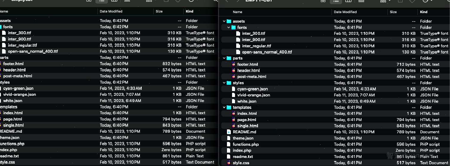 Screenshot showing file structures of exported themes using CBT plugin (left) and WordPress editor export tools (right)\\\\\\\\\\\\\\\\\\\\\\\\\\\\\\\\n