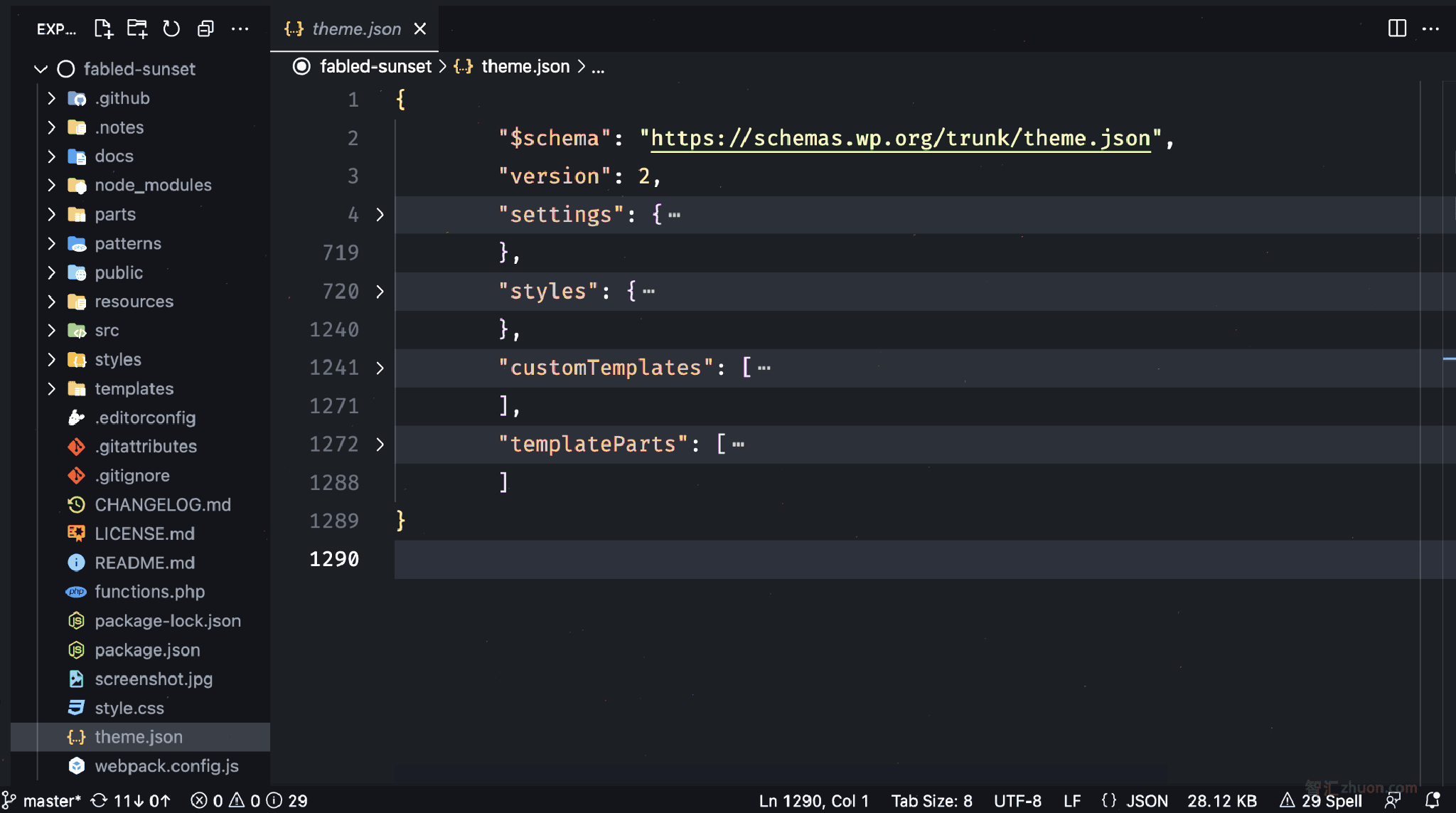 Visual Studio Code editor showing the structure of a theme's files and folders. In the code area, a theme.json file is shown.