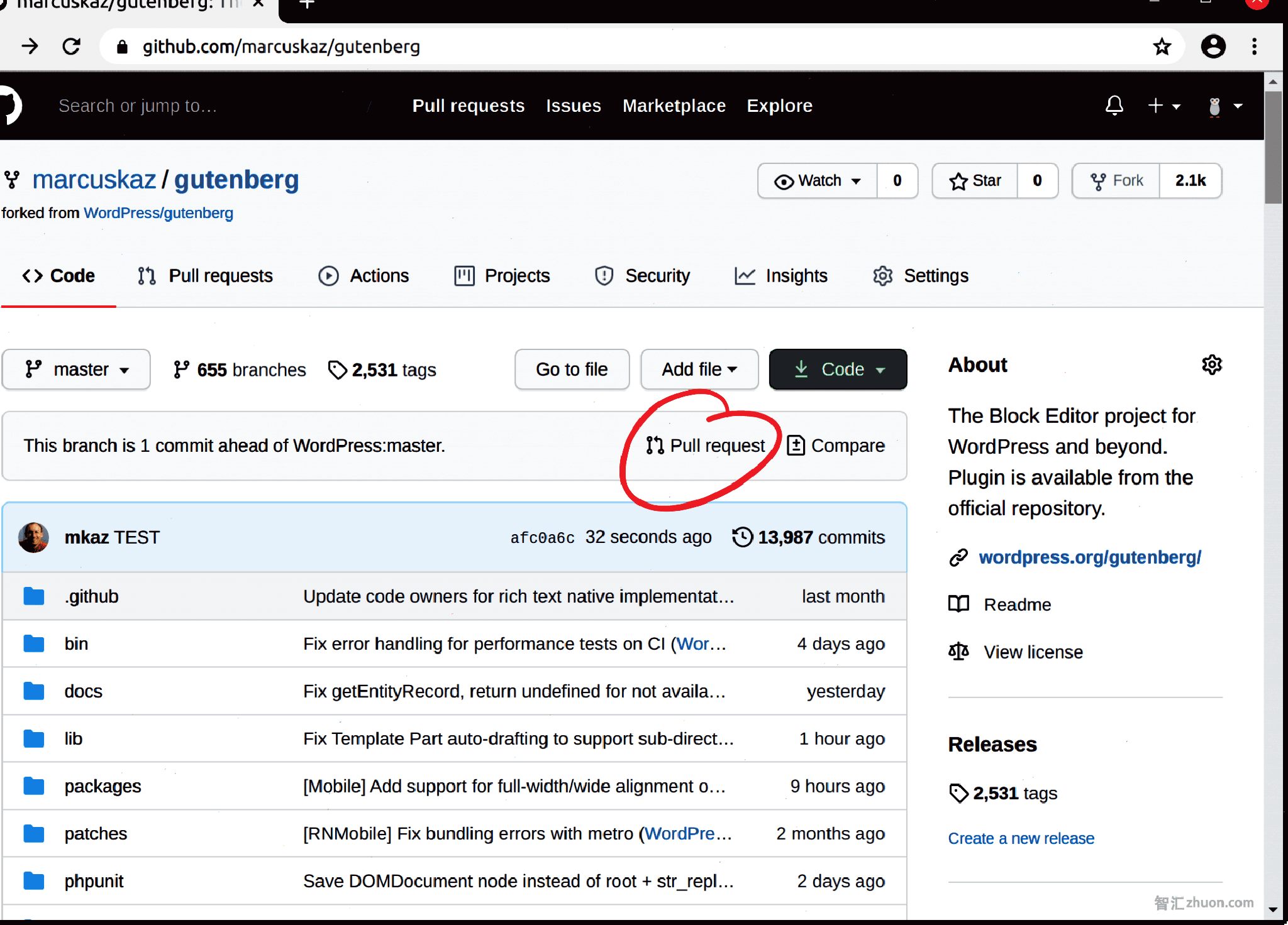 Screenshot showing pull request link