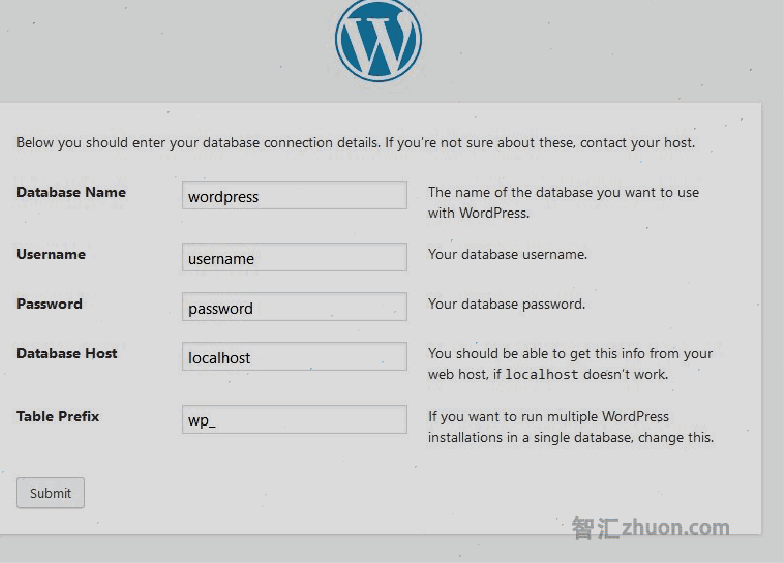 The WordPress setup screen