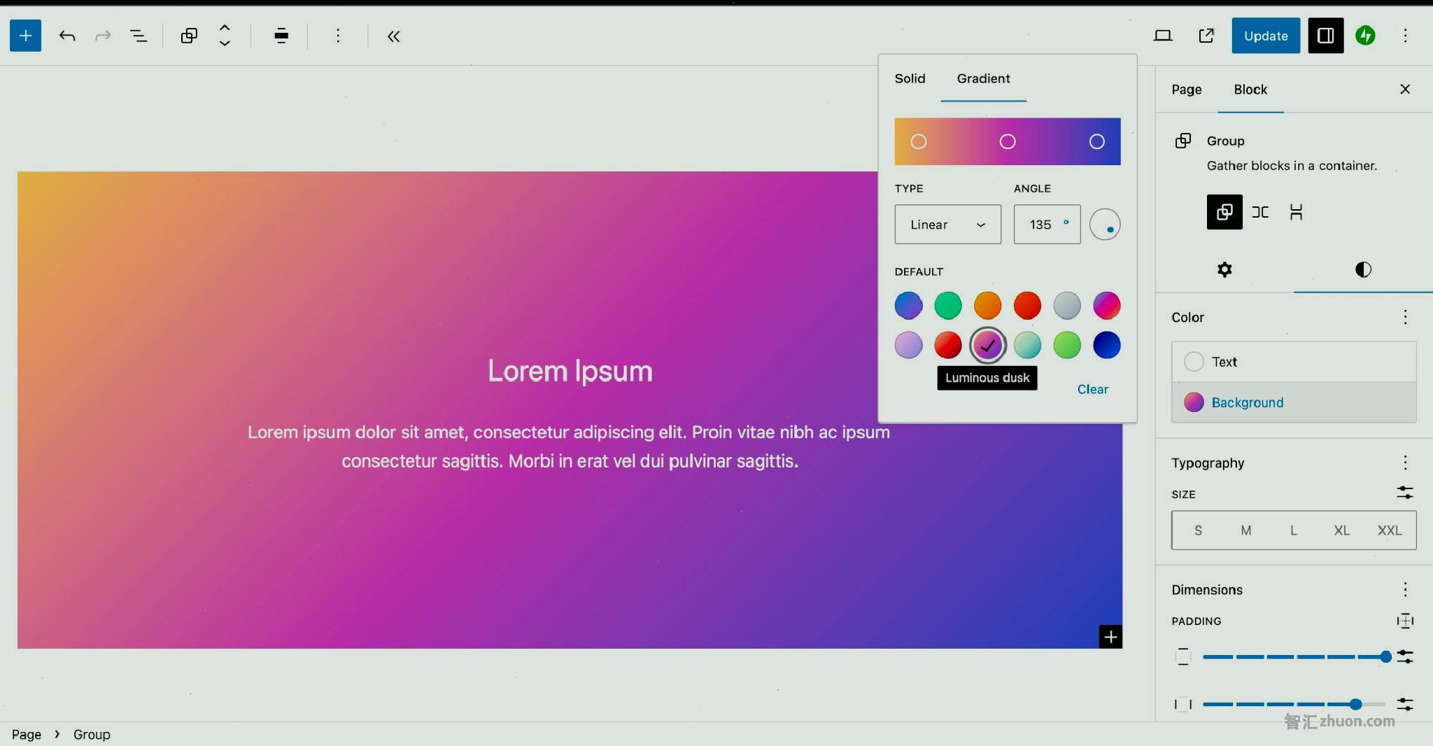 WordPress post editor with a Group block and a purple and orange background gradient selected.