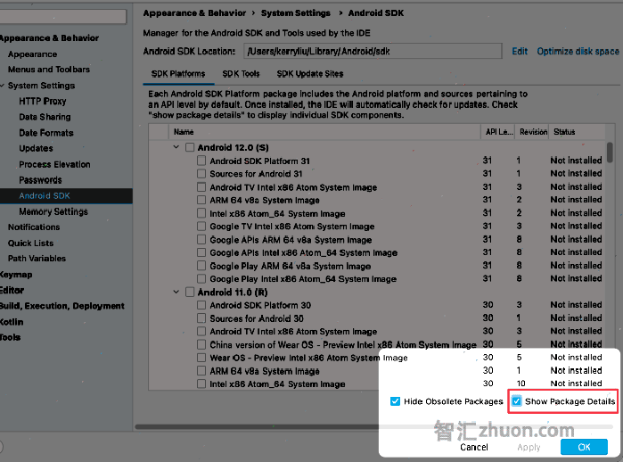 Screenshot of the package manager in Android Studio, highlighting the Show Package Details checkbox.