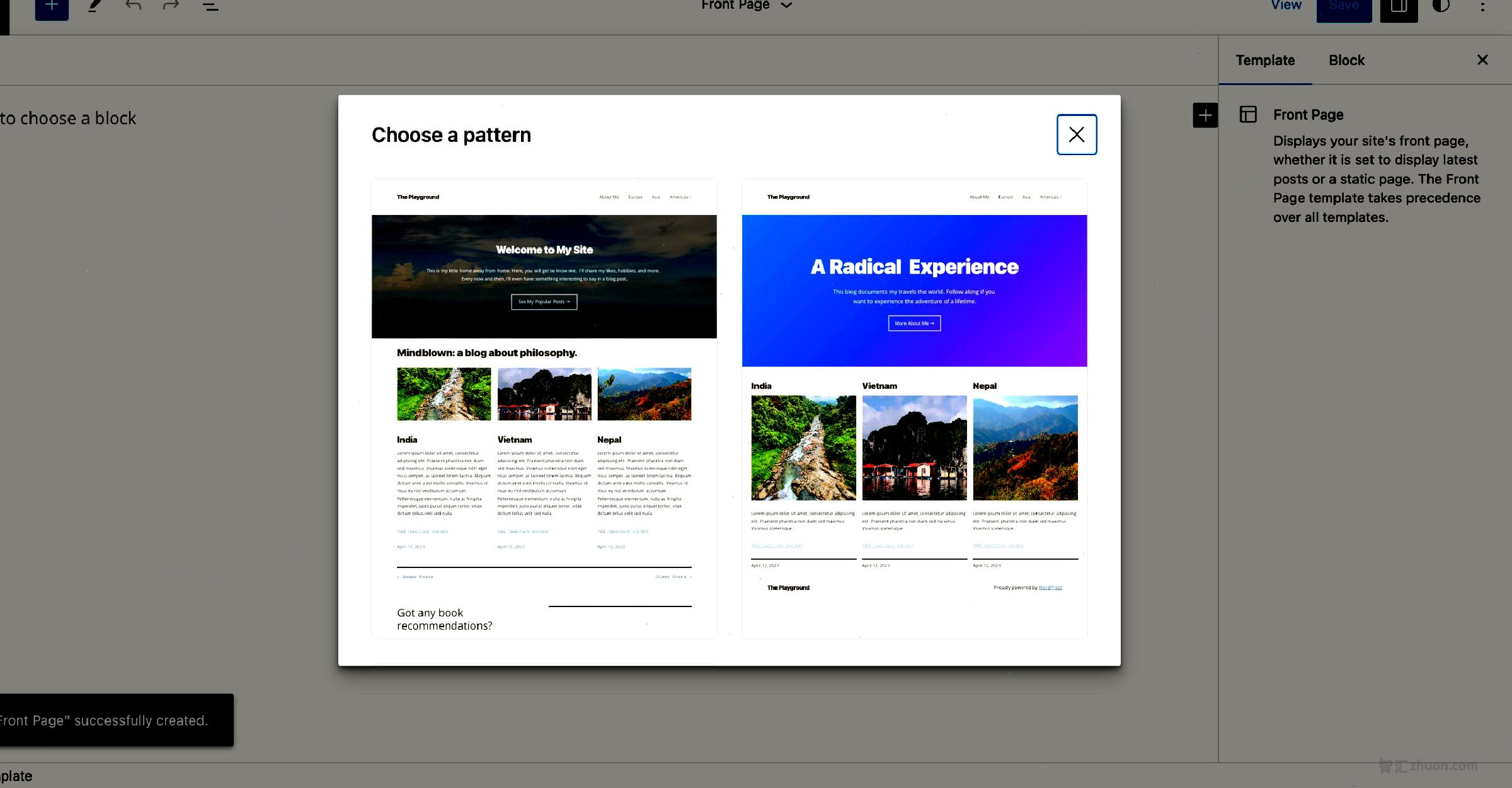 WordPress site editor with the Front Page template open and an empty content area. There is a popup modal overlaying the page with two patterns to choose from.
