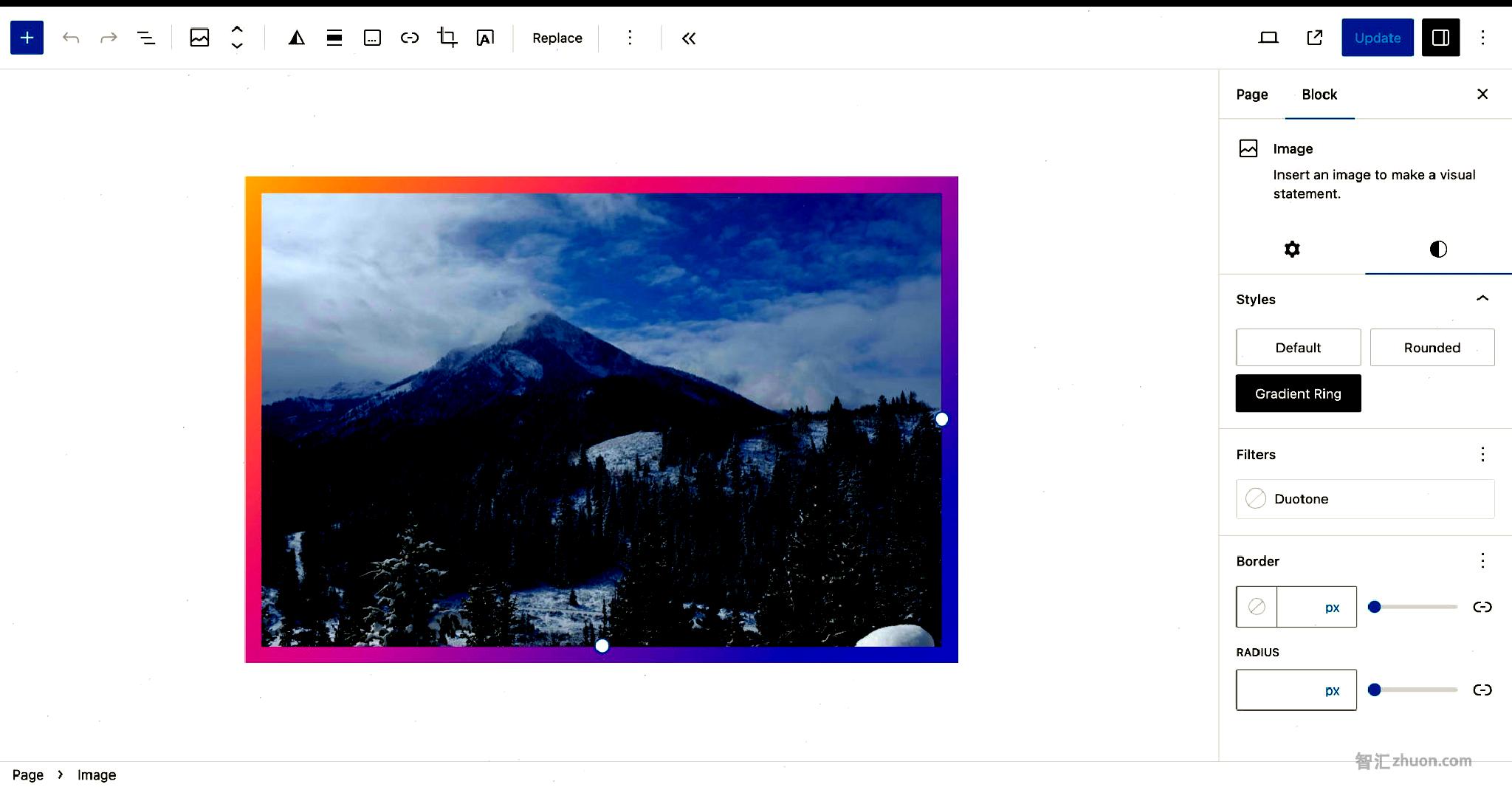 WordPress post editor with an image of mountains in the content canvas. The image has an orange and purple border.