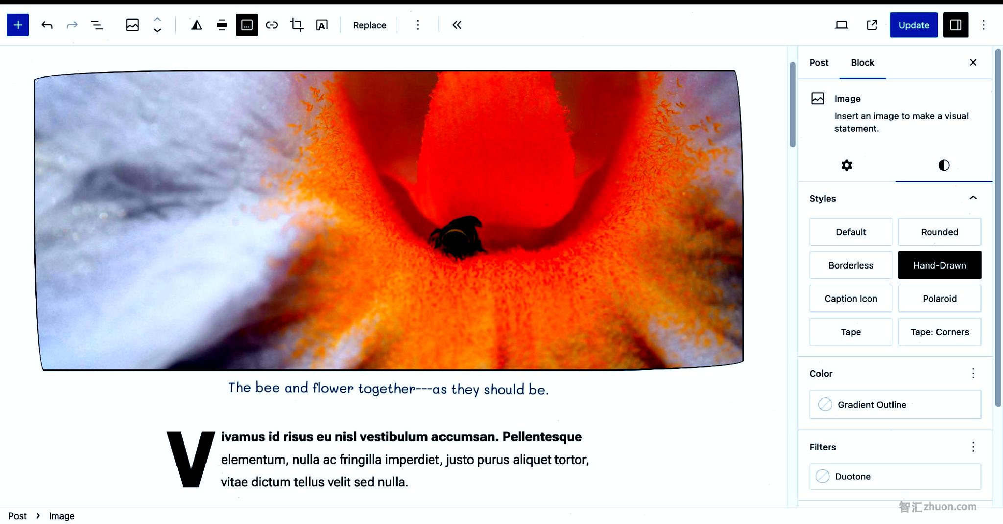 WordPress post editor showing an Image block with a hand-drawn style in the content canvas.