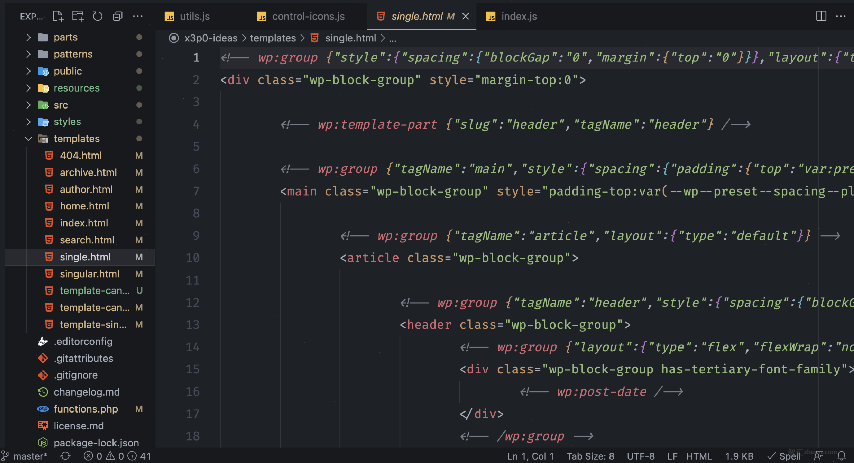 Visual Studio Code editor program with a theme's single.html file open, showing block markup.