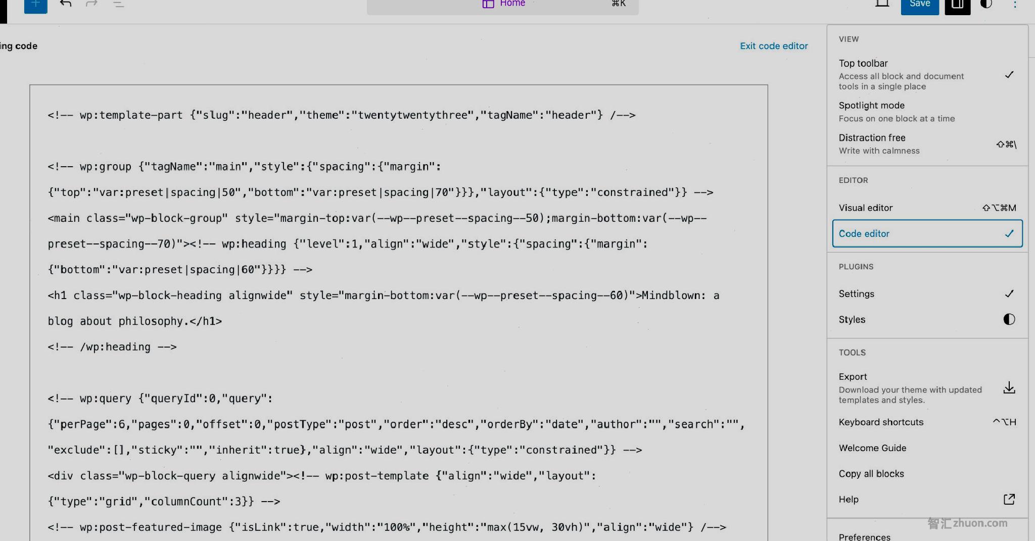 Code view of the Home template code in the Site Editor.