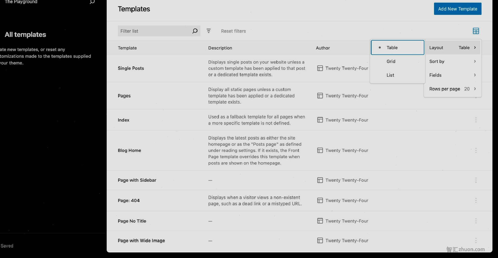 WordPress templates management screen with each template listed in a table alongside its description and author.