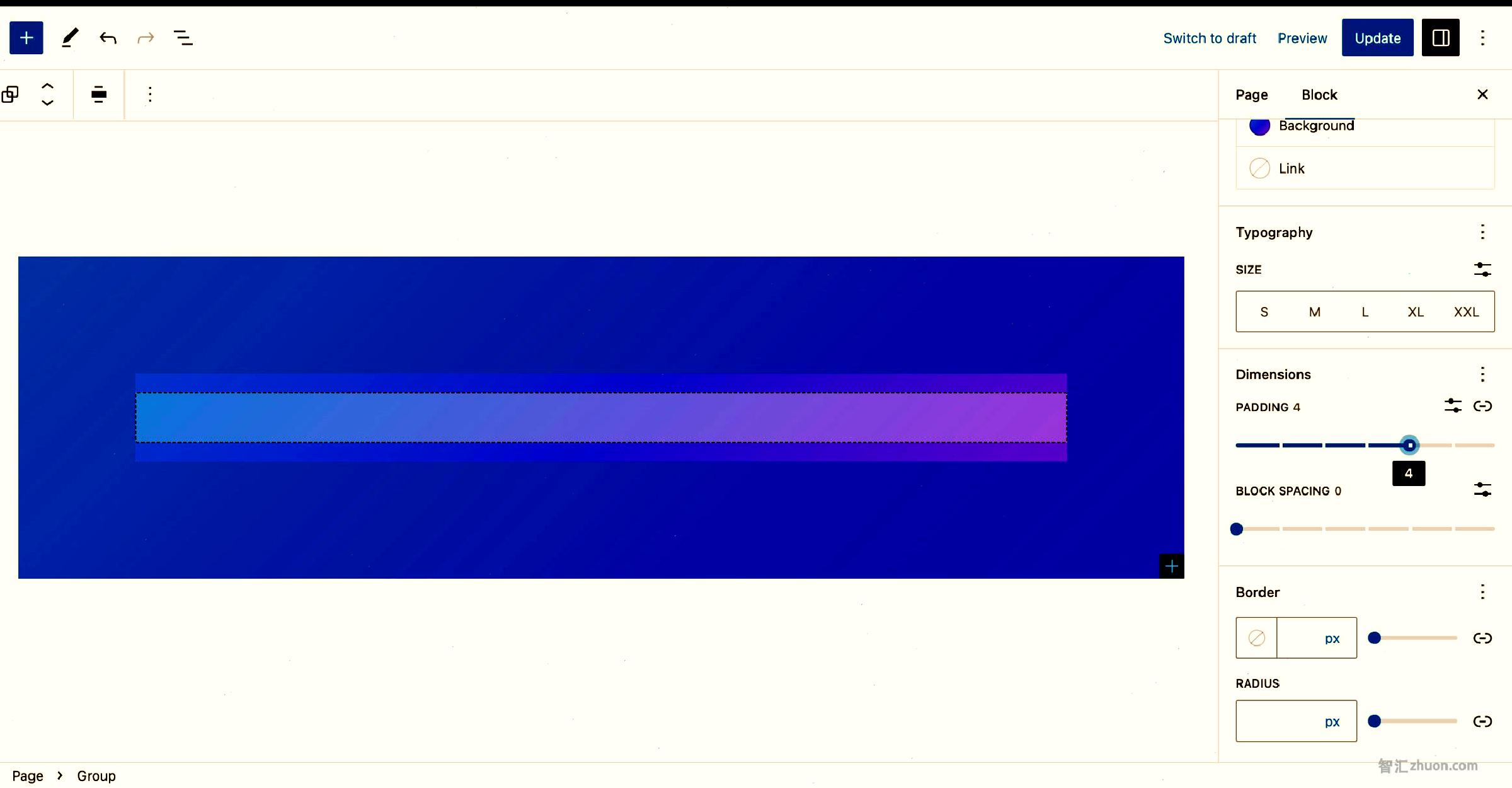 WordPress post editor with a nested Group block inside another Group block. The outer Group block has large inner padding and a blue and purple gradient background.