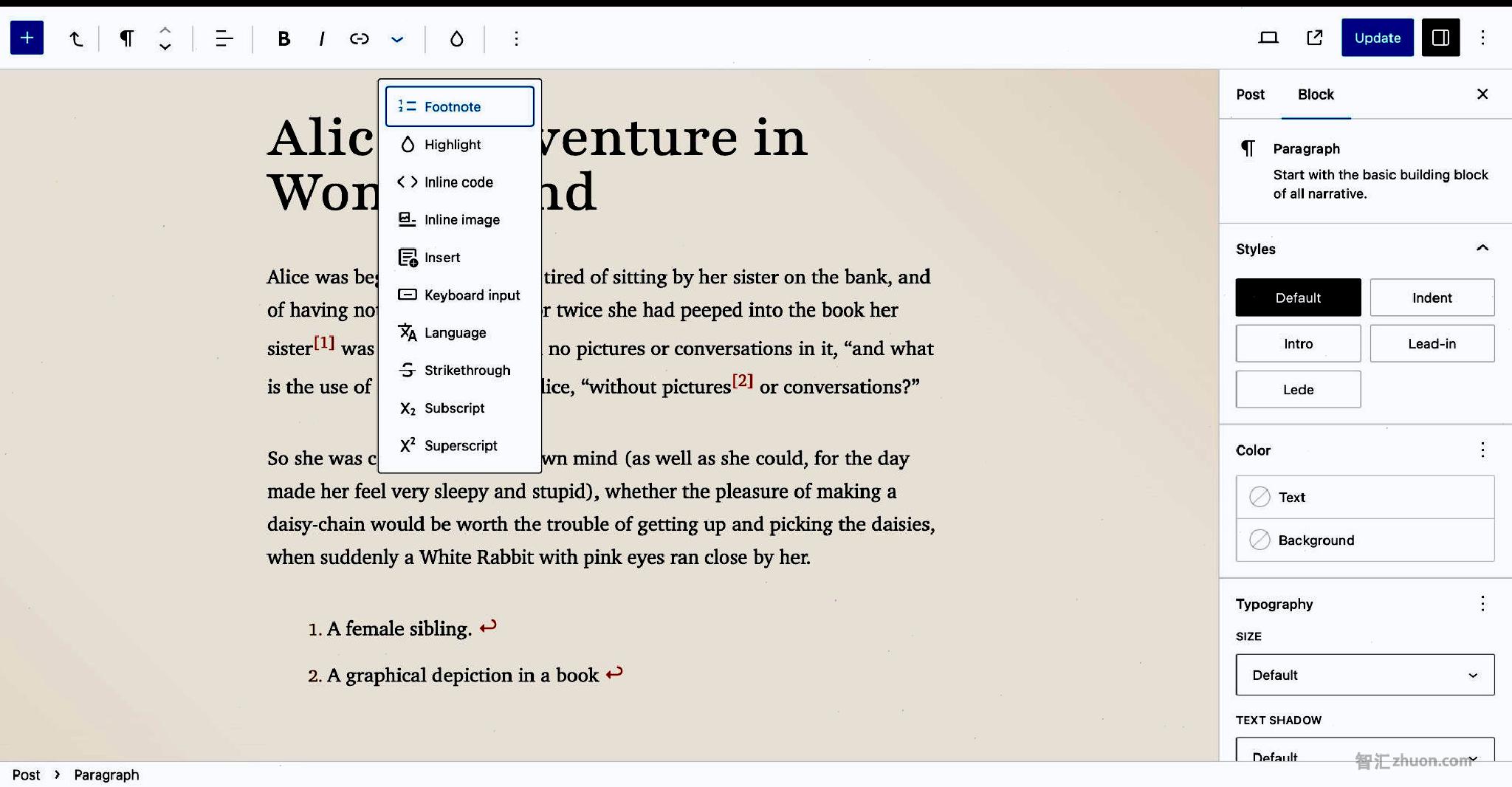 WordPress post editor with several paragraphs of text and a footnotes section at the bottom. A dropdown with "Footnote" is highlighted in the toolbar.