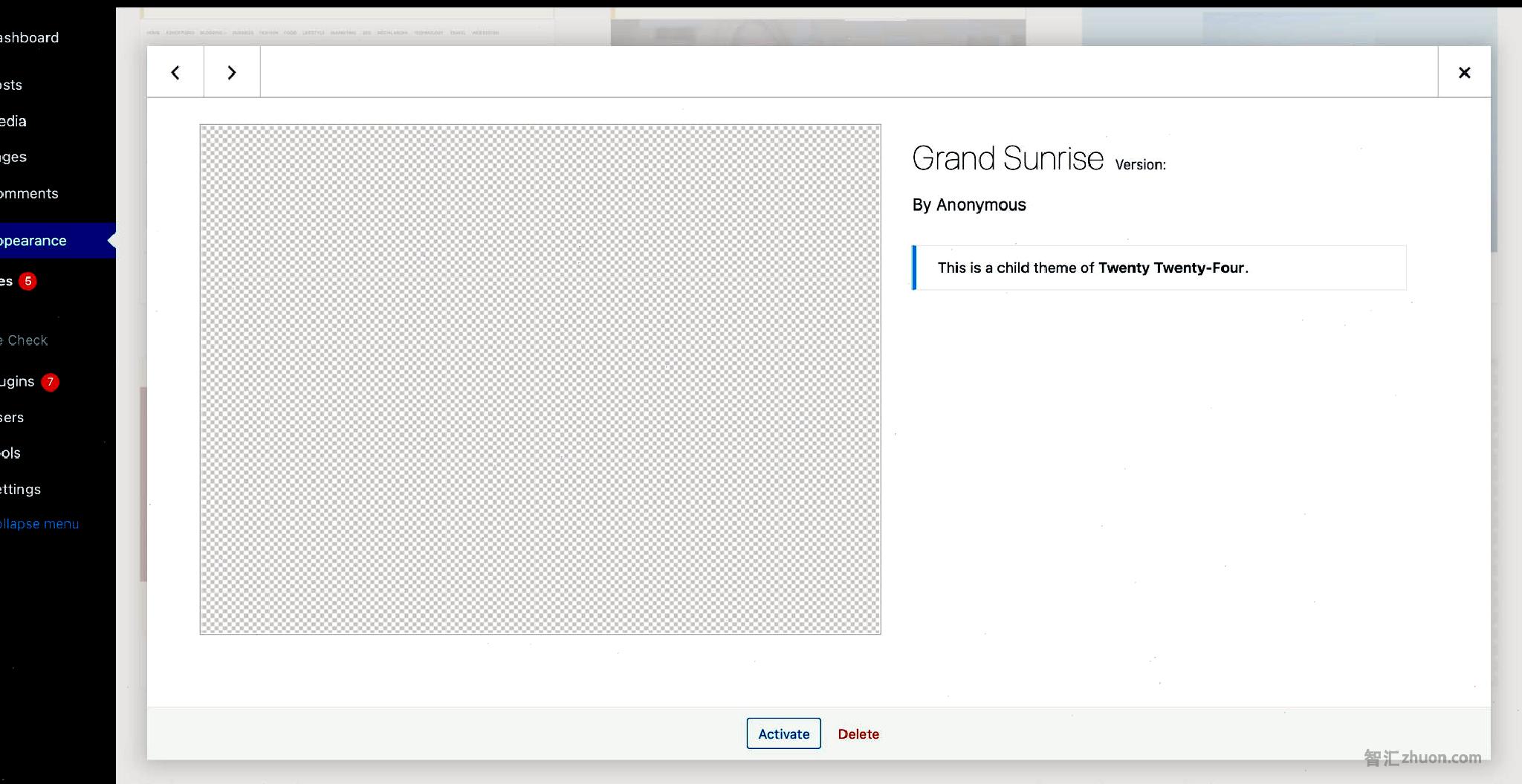 WordPress Appearance > Themes screen showing the popup overlay of an empty child theme.