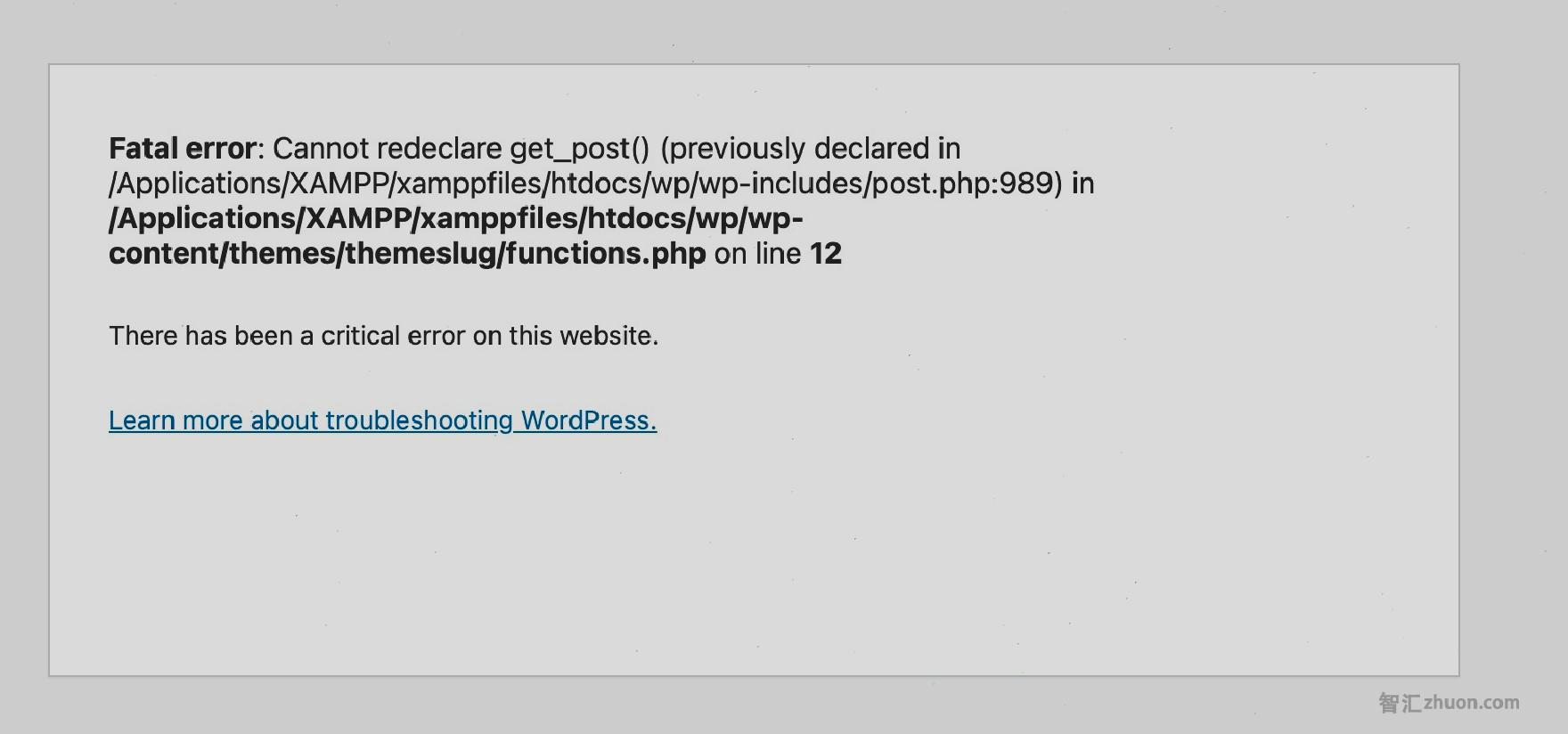 Screenshot of an error message stating that you cannot redeclare the get_post() function, which was already declared.