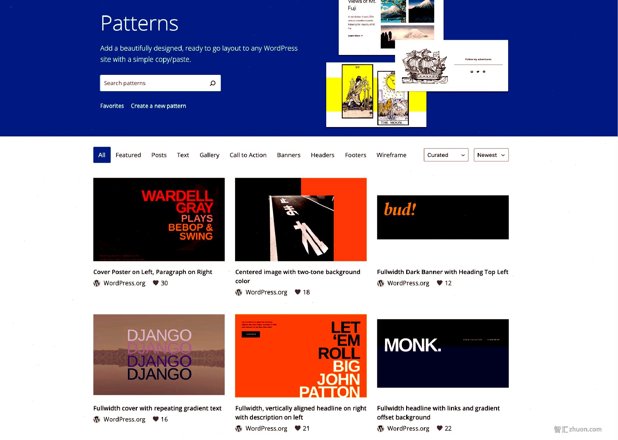 Screenshot of the WordPress.org Pattern Directory, which displays a grid of block pattern demos.