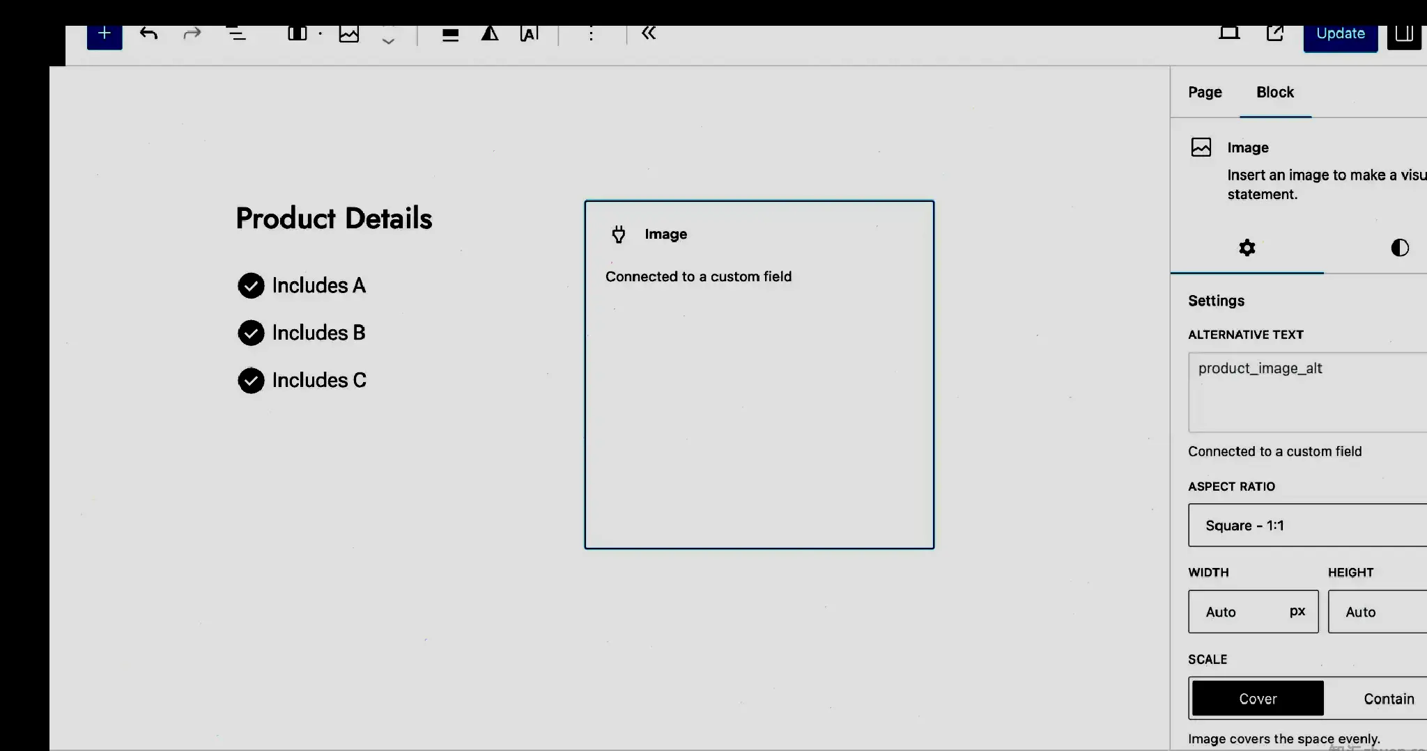 WordPress post editor with a two-column demo product in the content. The image on the right side reads: "Connected to a custom field."