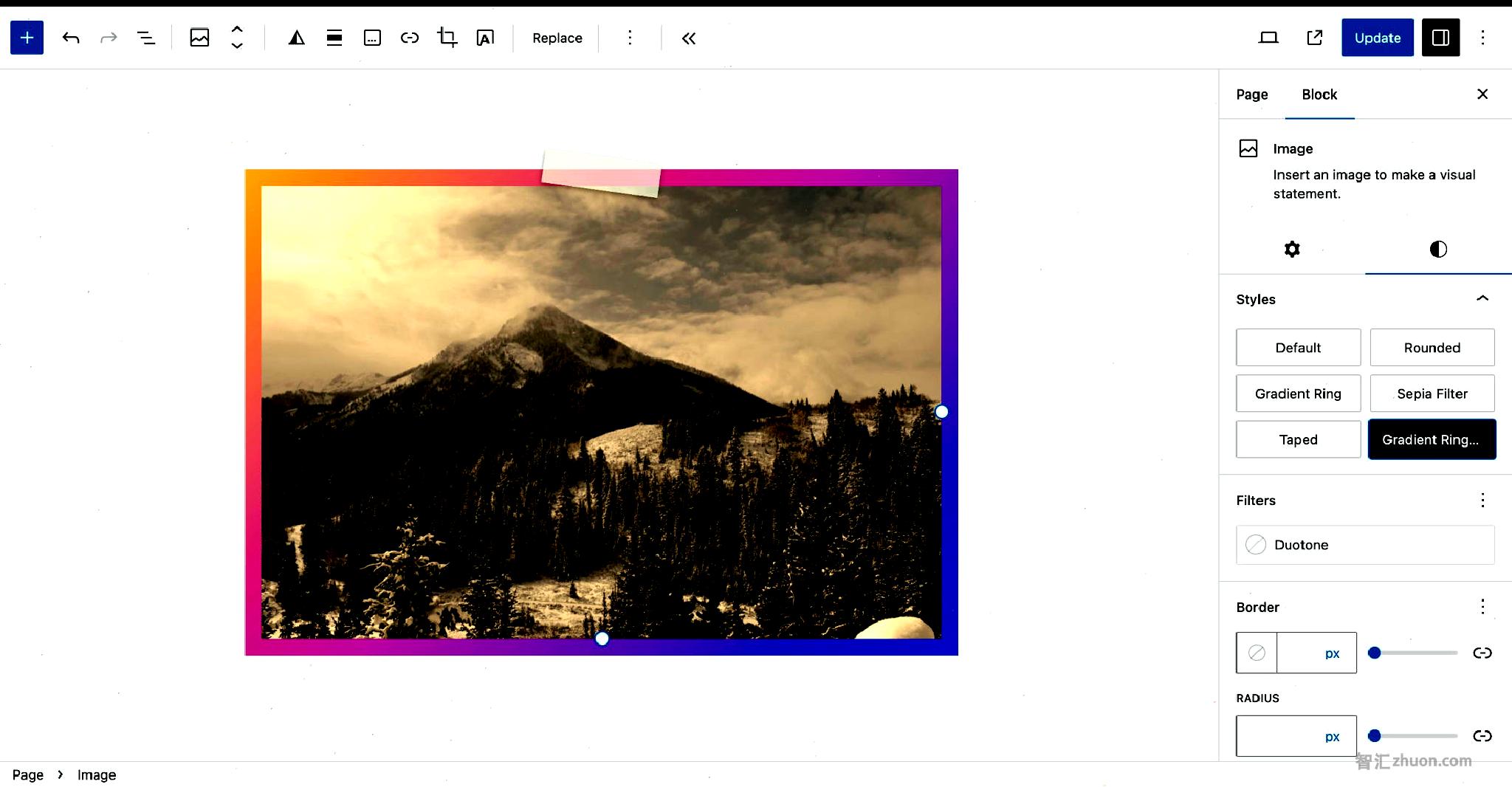 WordPress post editor with an image of mountains in the content canvas. The image has a piece of tape at the top, making it appear as if it were taped to a wall. The image has a brown tint to it.