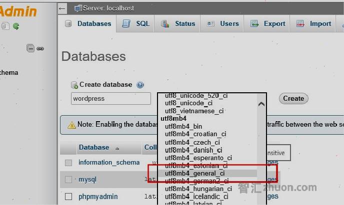 phpMyAdmin language encoding dropdown with utf8mb4_general_ci selected