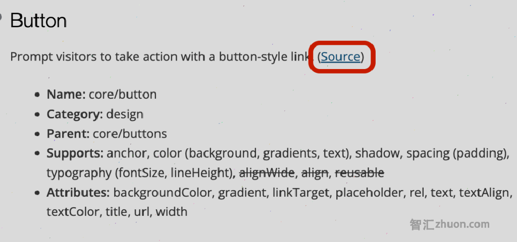 Screen grab of the documentation for the Button core block showing the link to the source code.
