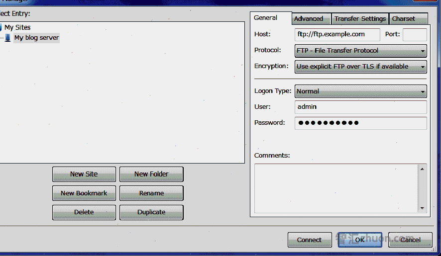 Screenshot of the FileZilla site manager window.